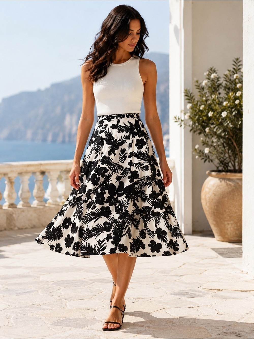Black Ivory Tropical Floral Midi Skirt A-Line Full Sweep Small